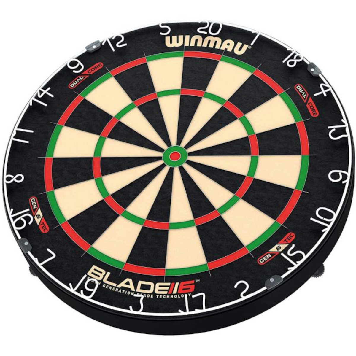 Winmau Blade 6 Dual Core dartbord schuin van voren met zicht op de dikte