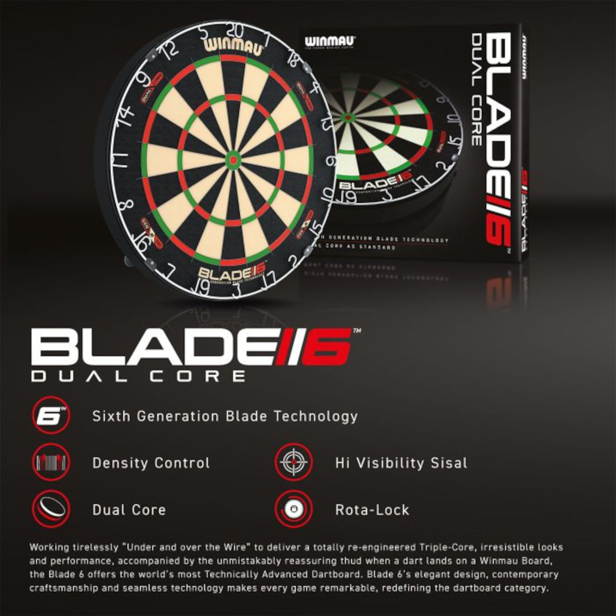 Winmau Blade 6 Dual Core met overzicht van Dual Core, Density Control en Rota-Lock technologie