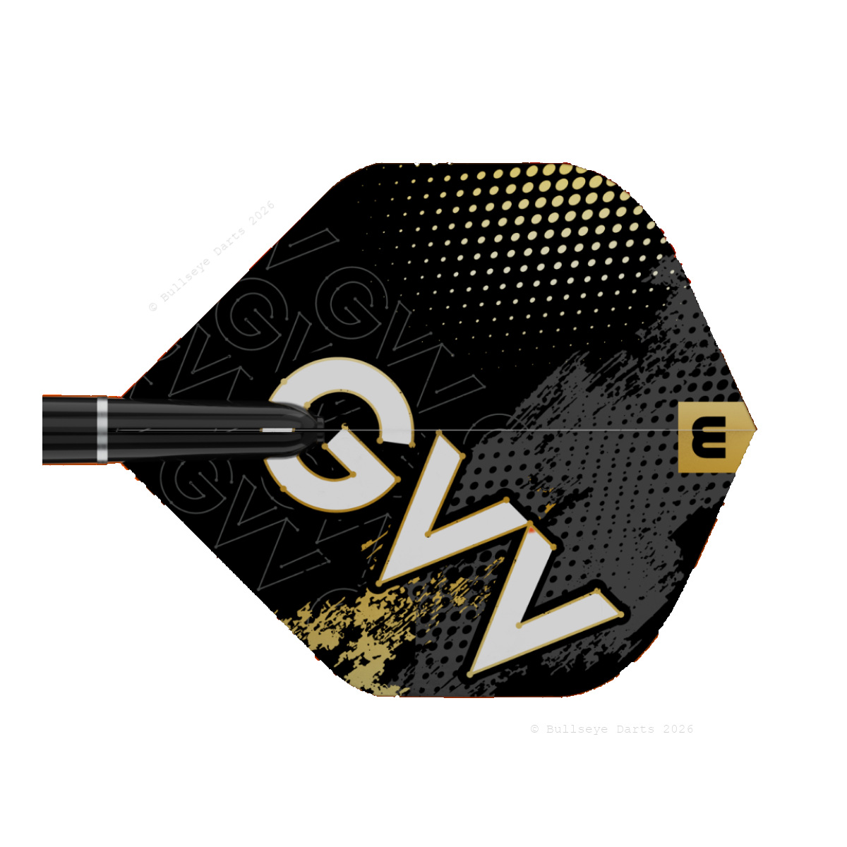 Detail van de zwart-gouden GVV flight van de Winmau Gian van Veen Core Brass 21G dartpijl