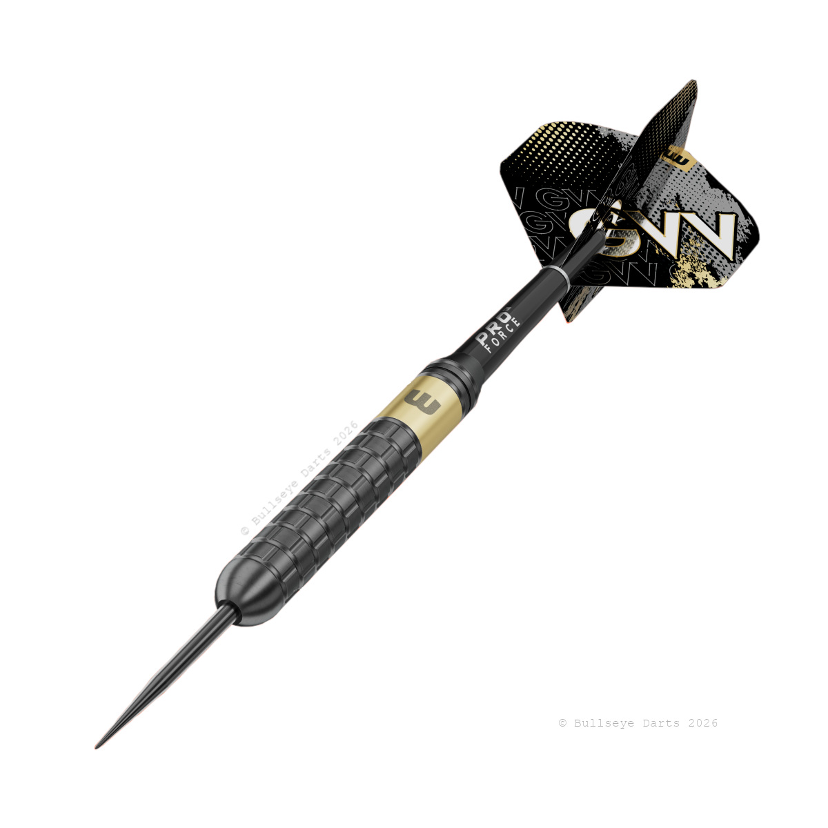 Winmau Gian van Veen Core Brass 21G steeltip dartpijl met messing barrel, zwarte shaft en GVV flight