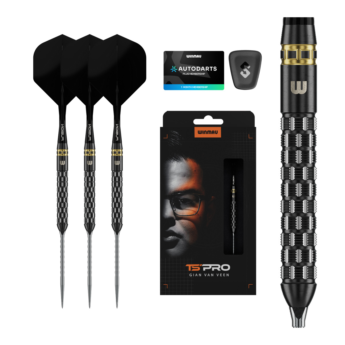 Gian van Veen TS-PRO 90% Switch Point Darts 21gr dartset met drie dartpijlen, verpakking, barrel detail en Autodarts Plus